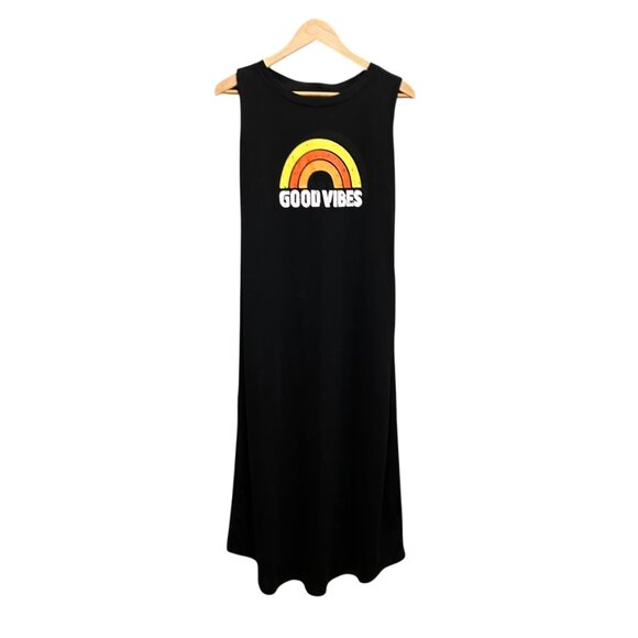 Good Vibes Orange Rainbow on Black Sleeveless Maxi Dress Size M - Picture 1 of 3